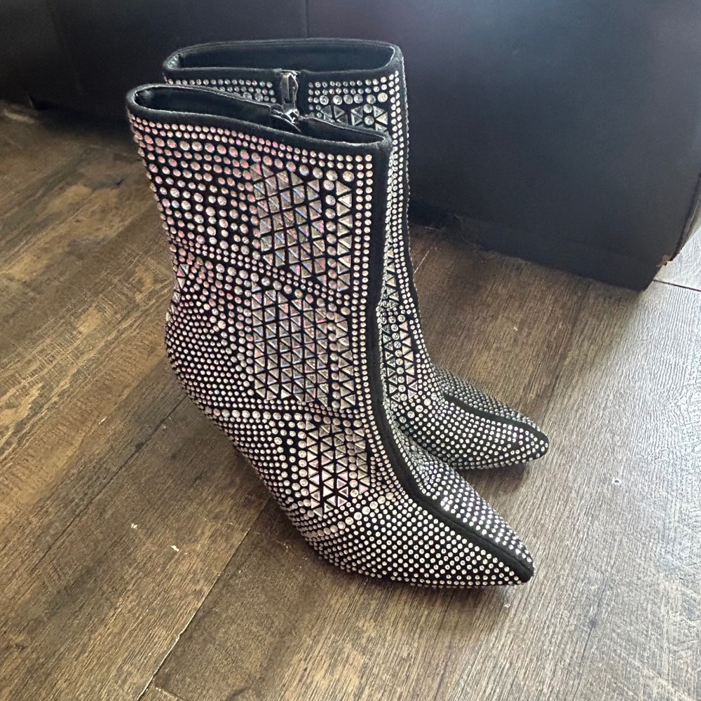 Jolimall  Black Rhinestone‎ Mirror Studded Pointed Toe Stiletto Ankle Boots  8